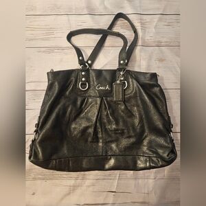 Coach Black Leather Pleated Tote Bag F15513 | Silver Hardware | Purple Satin Lin